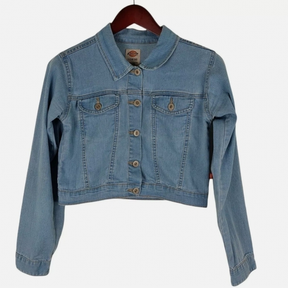 Dickies Girl's Blue Denim Jean Jacket Sz Large (14/16) High Waist Button Front